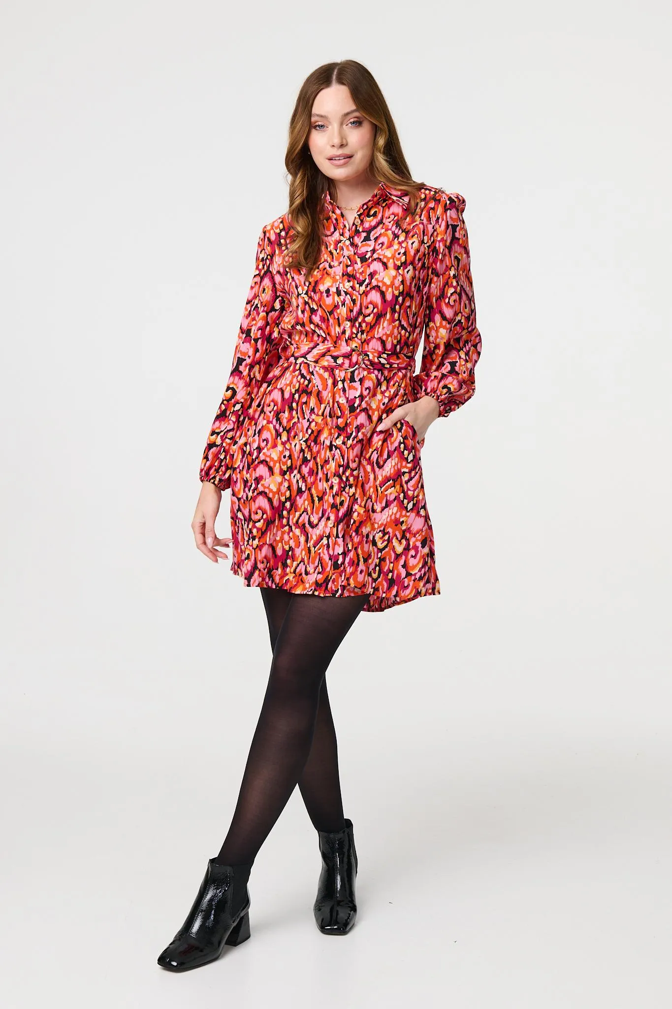 Abstract Print Belt Detail Shirt Dress