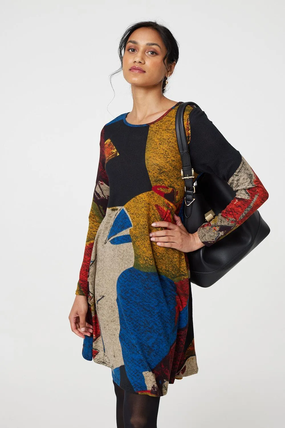 Abstract Print Long Sleeve Short Swing Dress