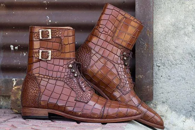 Awesome Handmade Men's Brown Alligator Textured Leather Boots, Men Fashion Buckle & Lace Up Ankle Boots