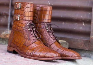 Awesome Handmade Men's Brown Alligator Textured Leather Boots, Men Fashion Buckle & Lace Up Ankle Boots