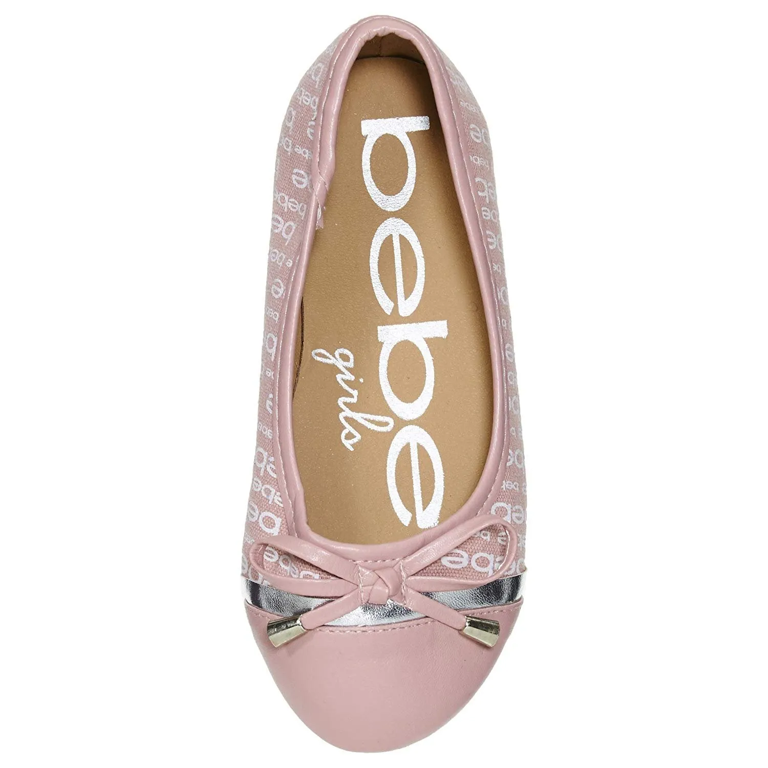 bebe Girls Ballet Flats Round Toe with Bow and Logo Print Slip-On Shoes Flexible PU Leather