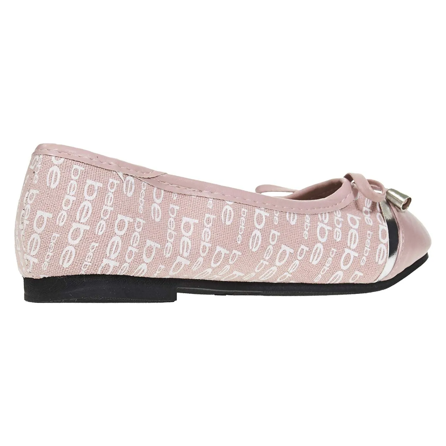 bebe Girls Ballet Flats Round Toe with Bow and Logo Print Slip-On Shoes Flexible PU Leather