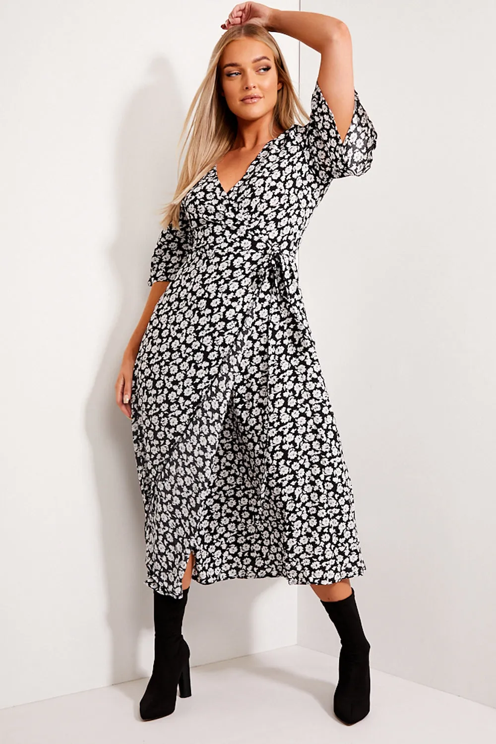 Black and White Floral Wrap Tie Maxi Dress