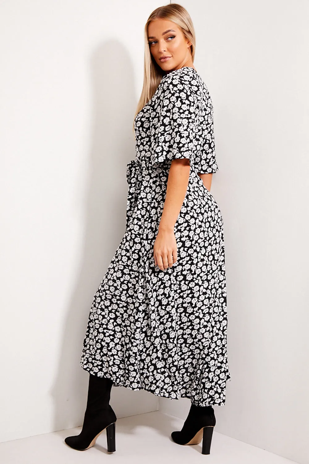 Black and White Floral Wrap Tie Maxi Dress