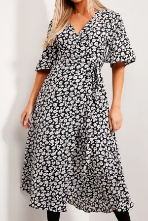 Black and White Floral Wrap Tie Maxi Dress