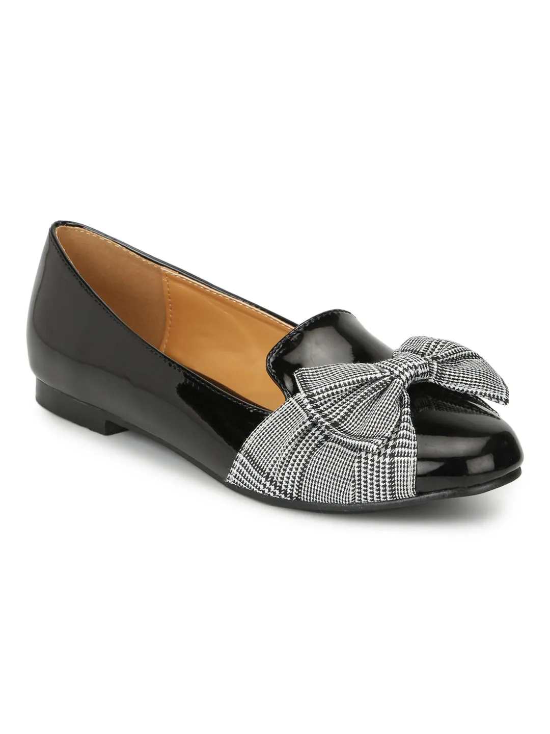 Black Patent Check Bow Belly Flats