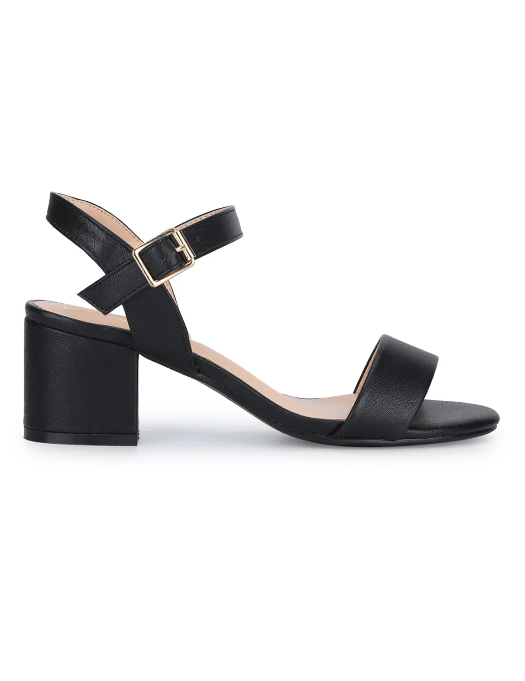 Black PU Ankle Strap Low Block Heels