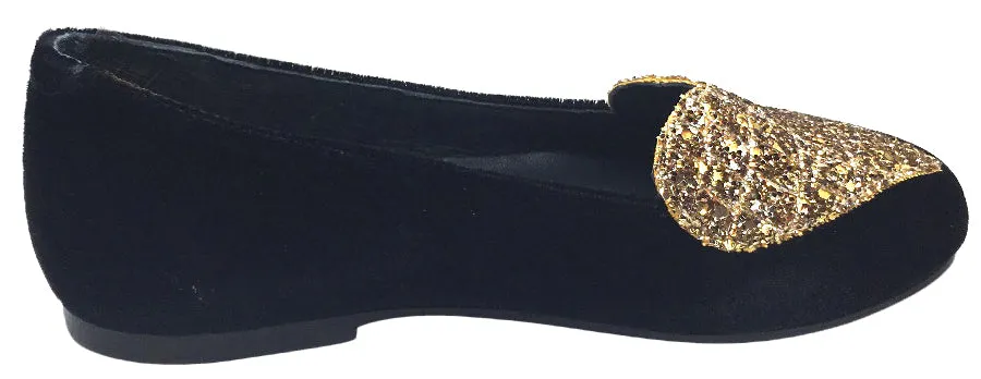 BluBlonc Black Velvet Ballet Flat with Gold Sparkle Heart Embellishment