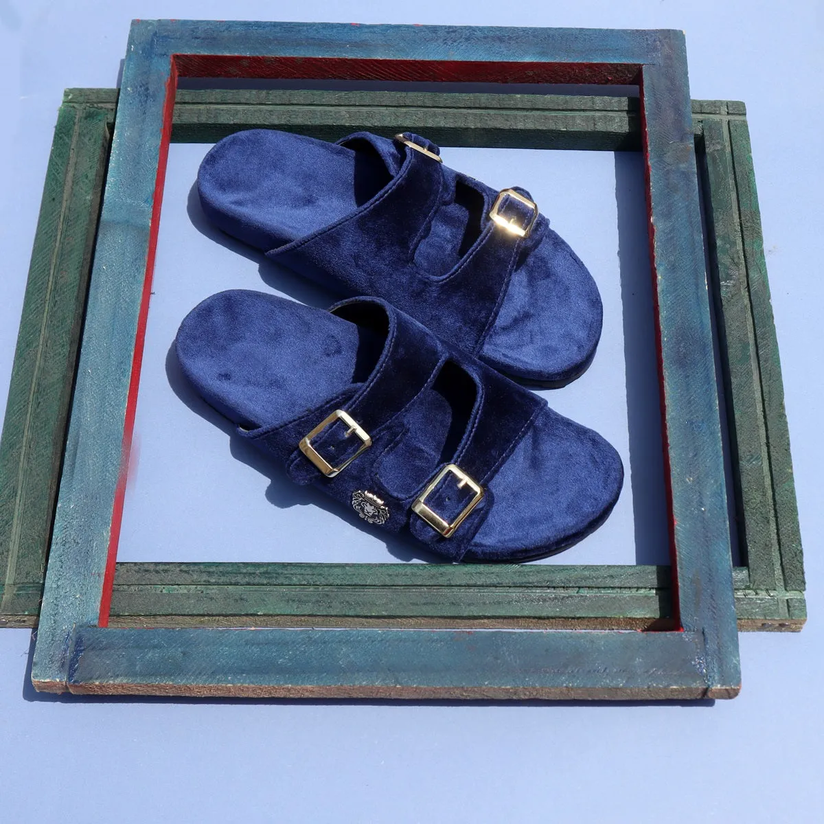 Buckled Slide-in Slippers in Blue Italian Velvet Material