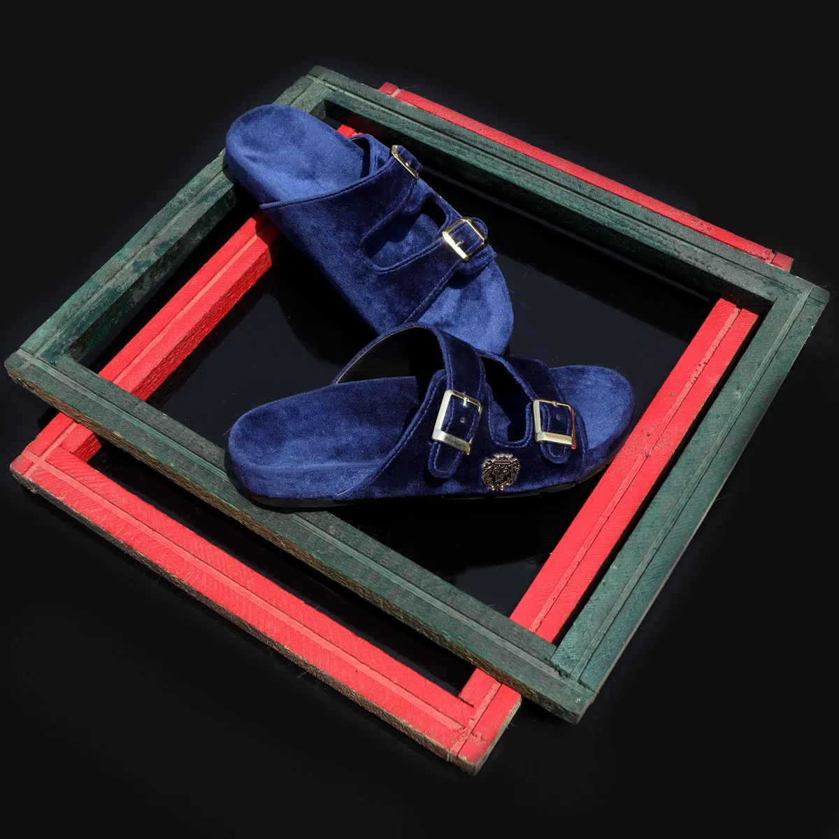 Buckled Slide-in Slippers in Blue Italian Velvet Material