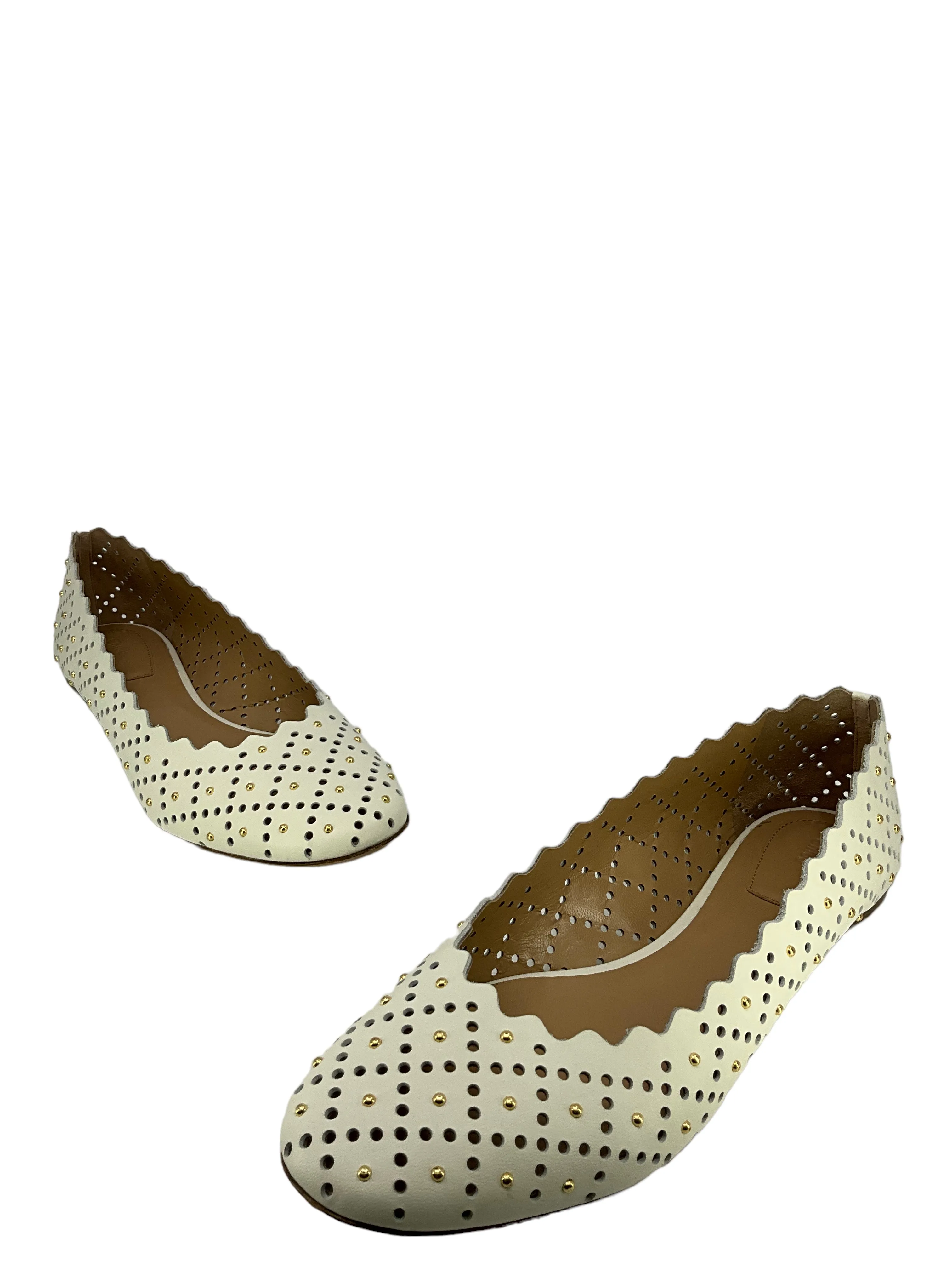 Chloe White Lasercut And Studded Leather Flats Size 11