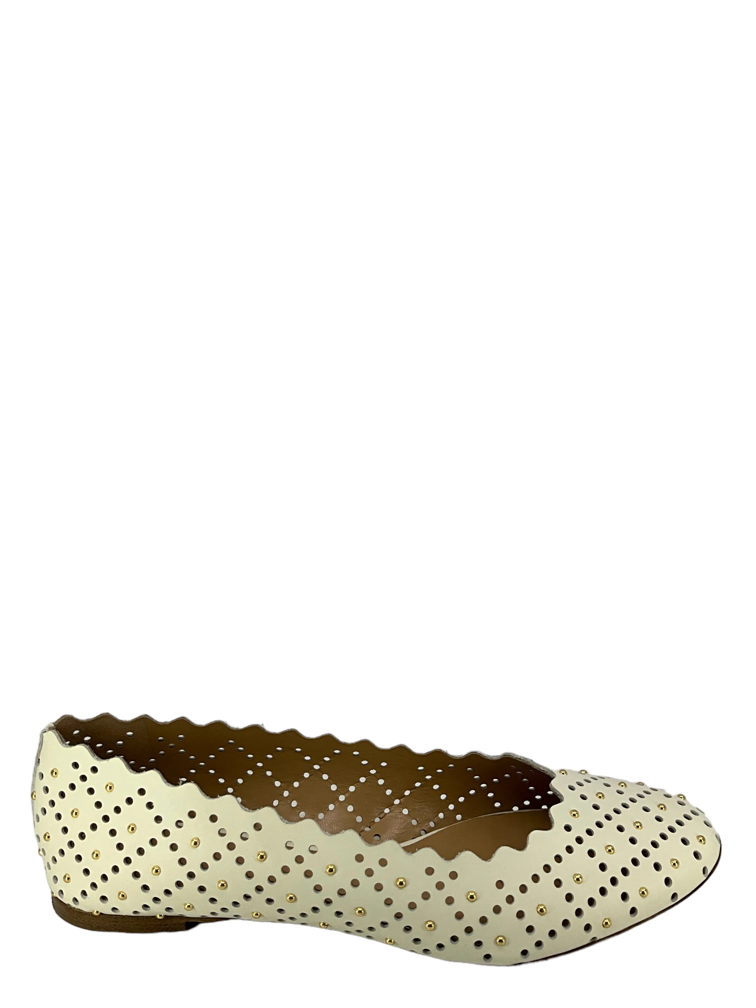 Chloe White Lasercut And Studded Leather Flats Size 11