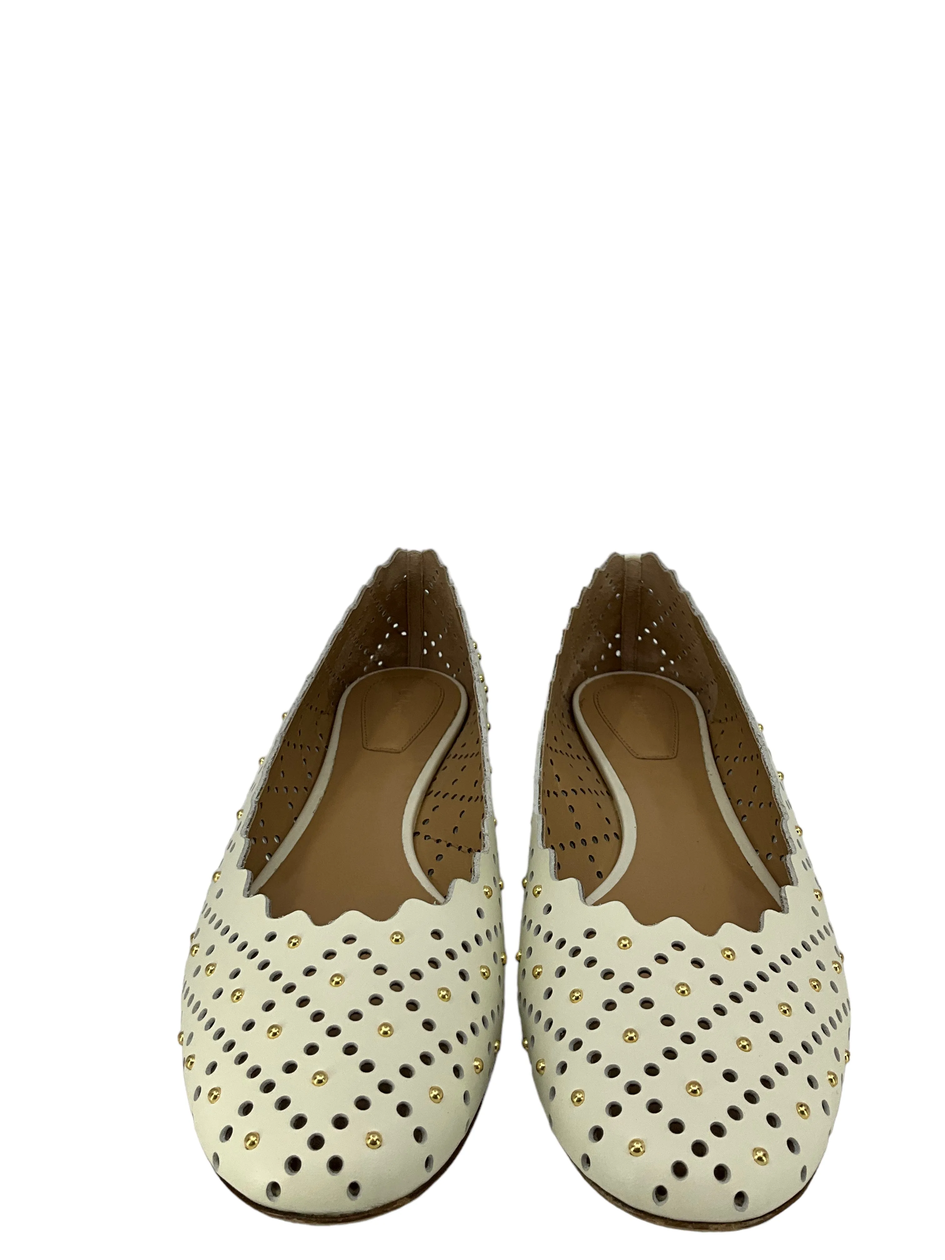 Chloe White Lasercut And Studded Leather Flats Size 11