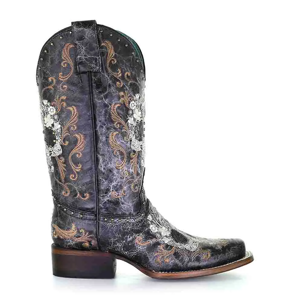 Corral Women’s Leather White Floral Skull & Black Studs Boots