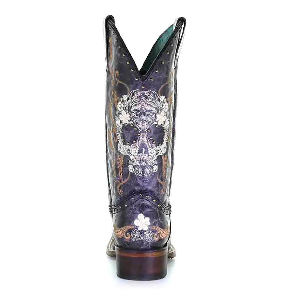 Corral Women’s Leather White Floral Skull & Black Studs Boots