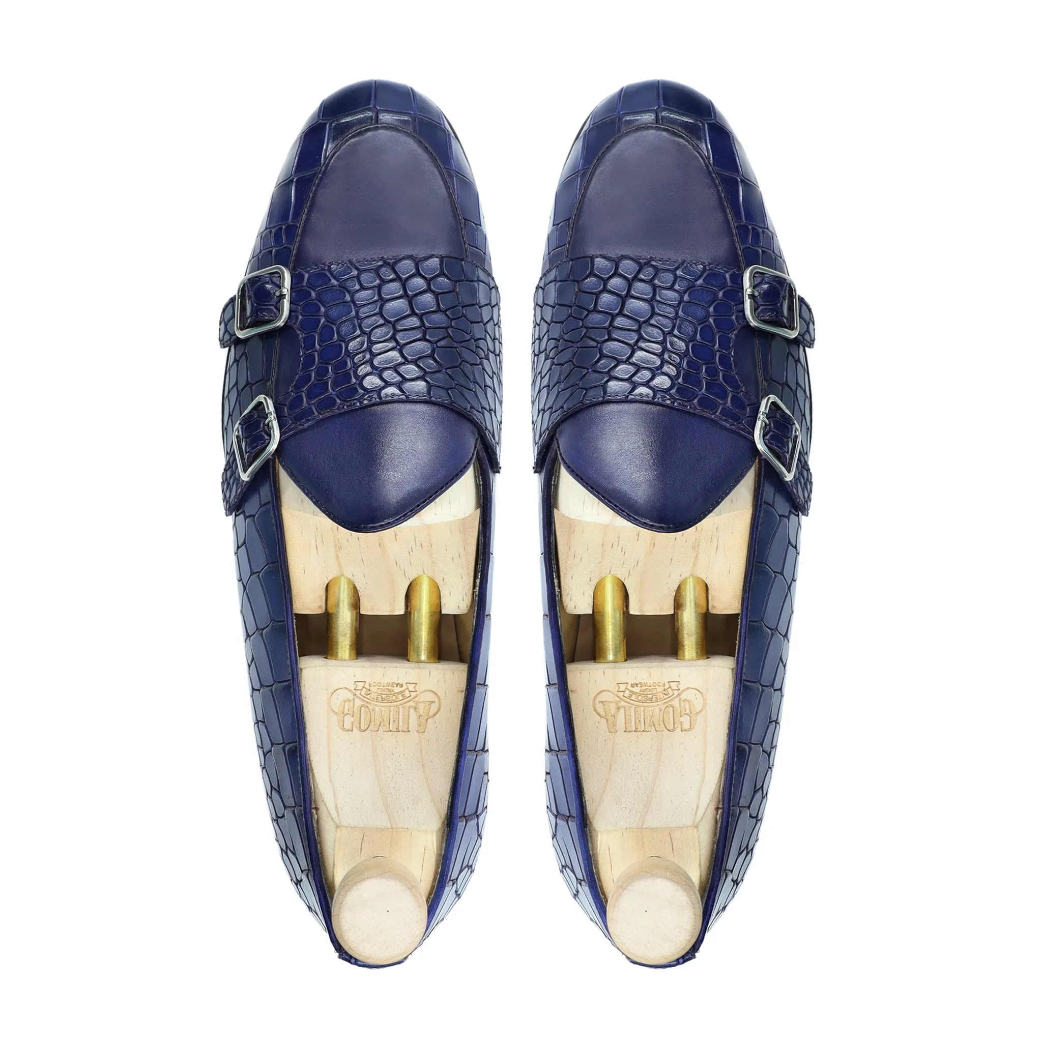 Drobak - Men's Blue Printed Crocodile Calf Leather Double Monkstrap