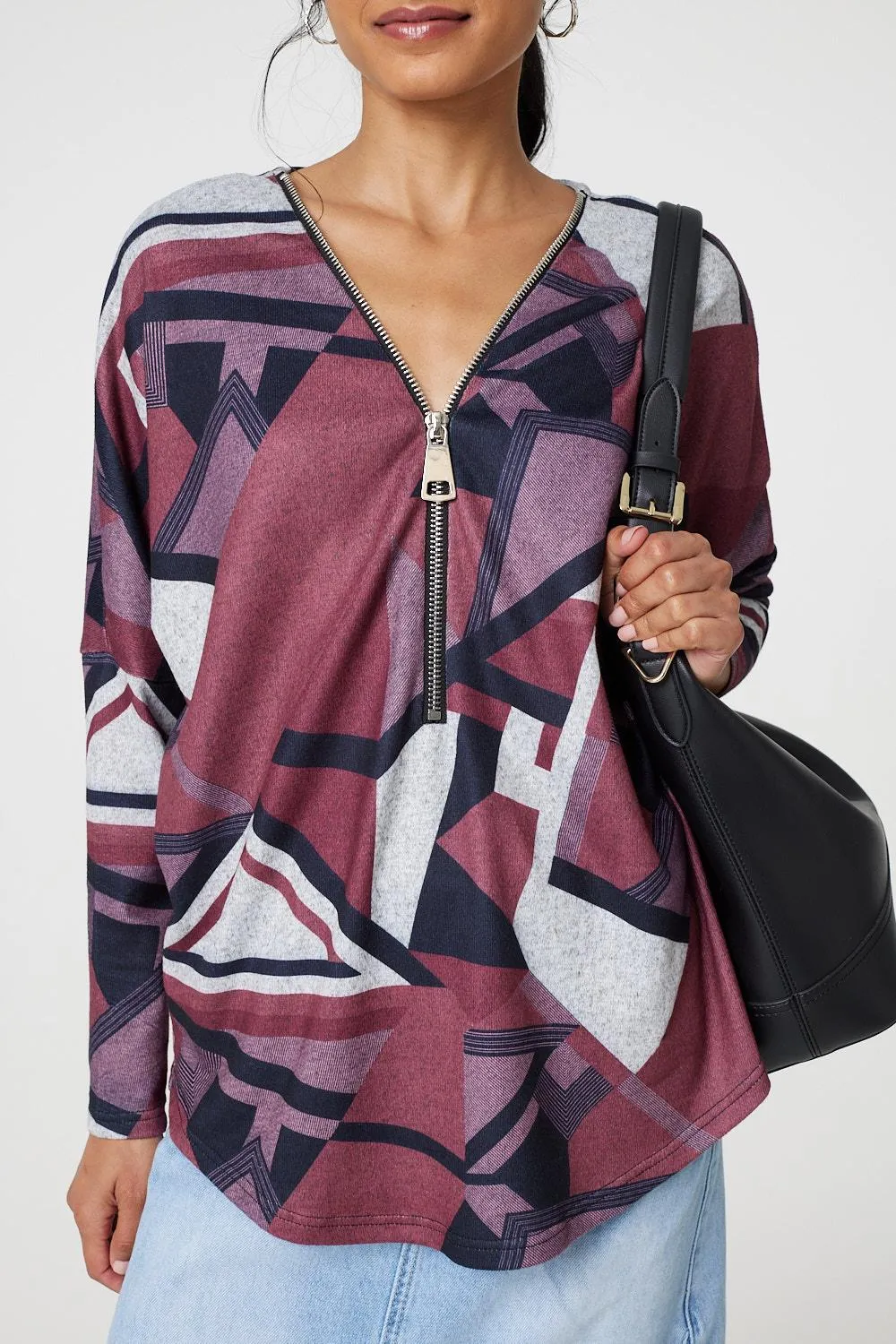 Geo Print Zip Front Relaxed Top