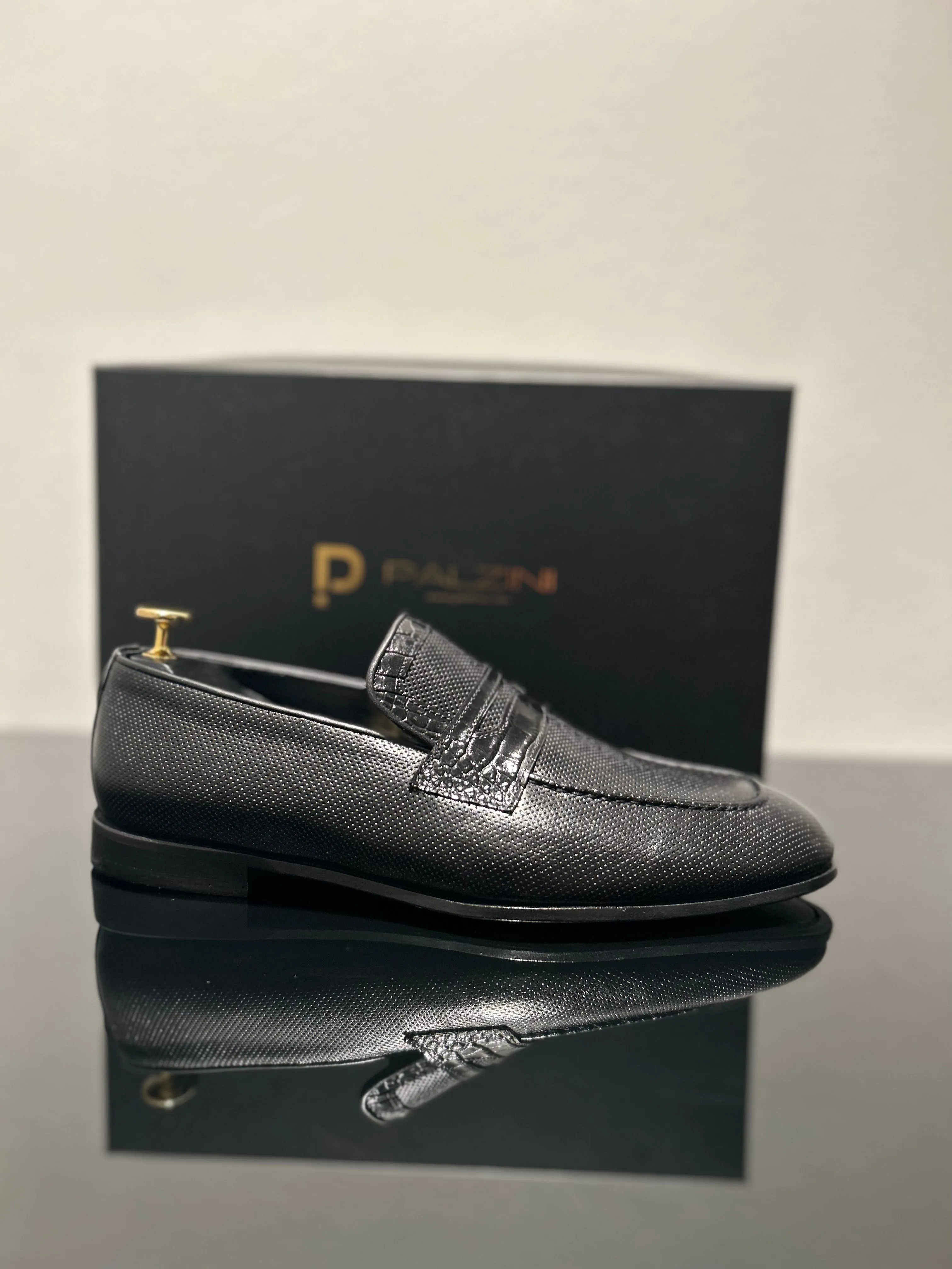 HANDMADE BLACK LEATHER SLIP-ON WITH CROC-PRINT DETAILING