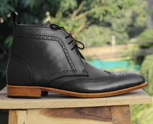 Handmade Men's Black Leather Chukka Boots, Men Wingtip Brogue Lace Up Dress Boots