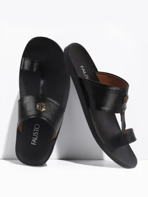 Men Black Slip On Indoor Toe Ring Slippers