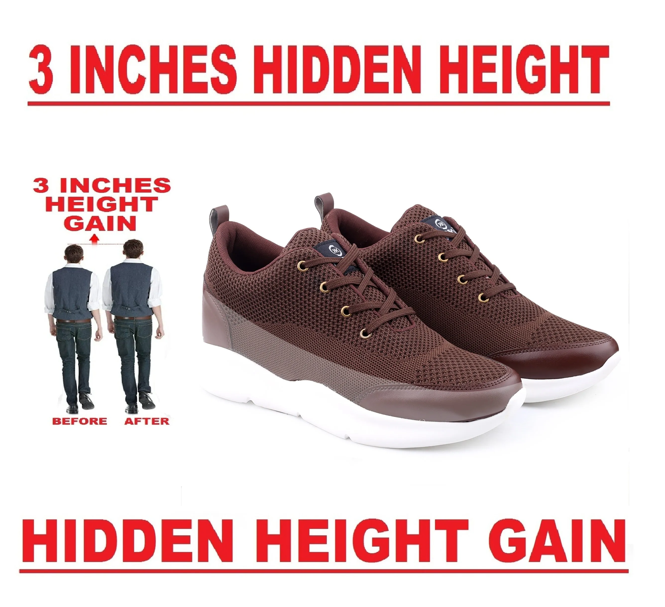 Men's 3 Inch Hidden Height Increasing Stylish Casual Sports Lace-Up Shoes