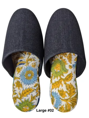 [SALE] Large| Denim and Flowers Mix Slippers [Black wool felt sole]