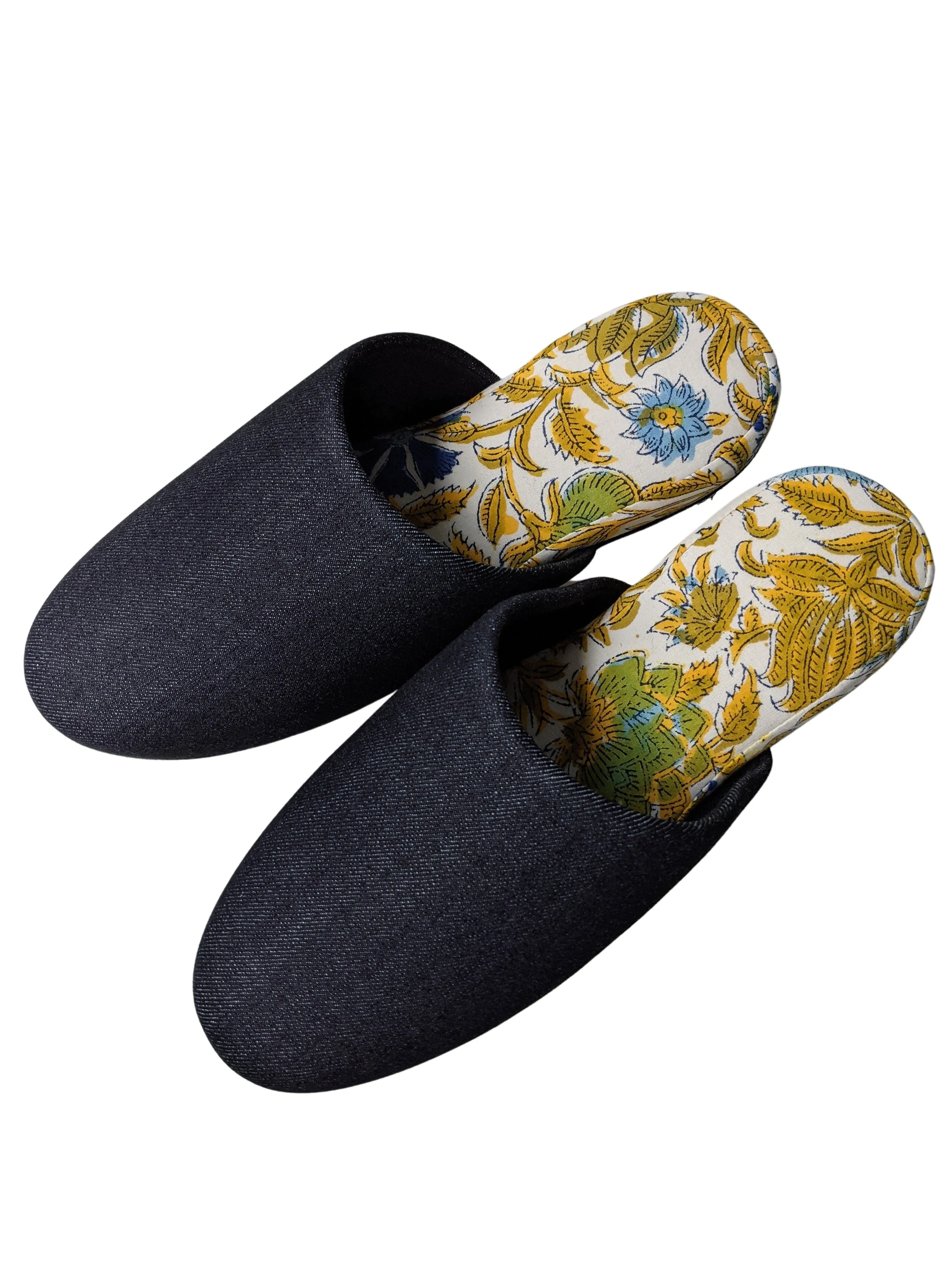 [SALE] Large| Denim and Flowers Mix Slippers [Black wool felt sole]