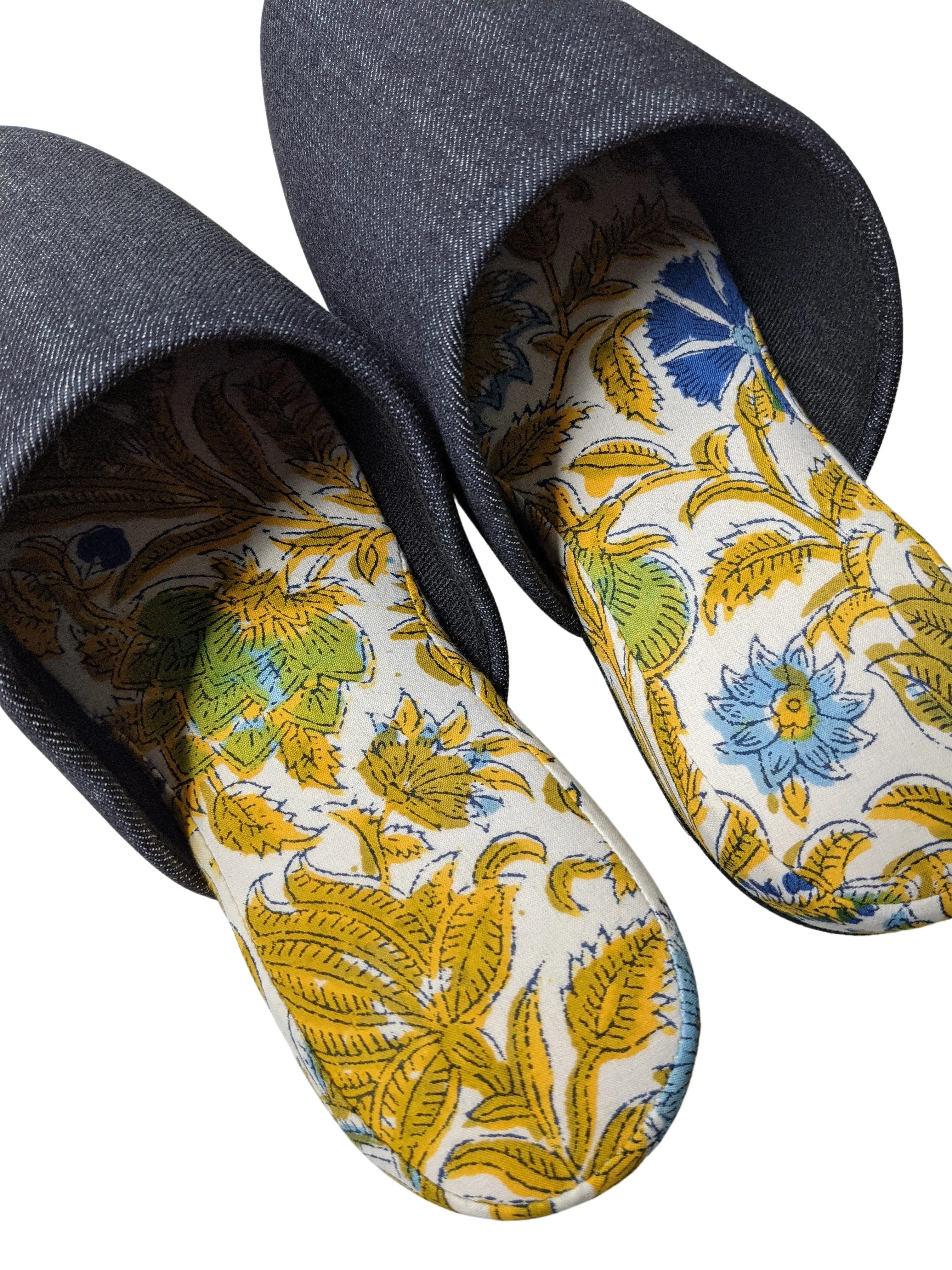 [SALE] Large| Denim and Flowers Mix Slippers [Black wool felt sole]