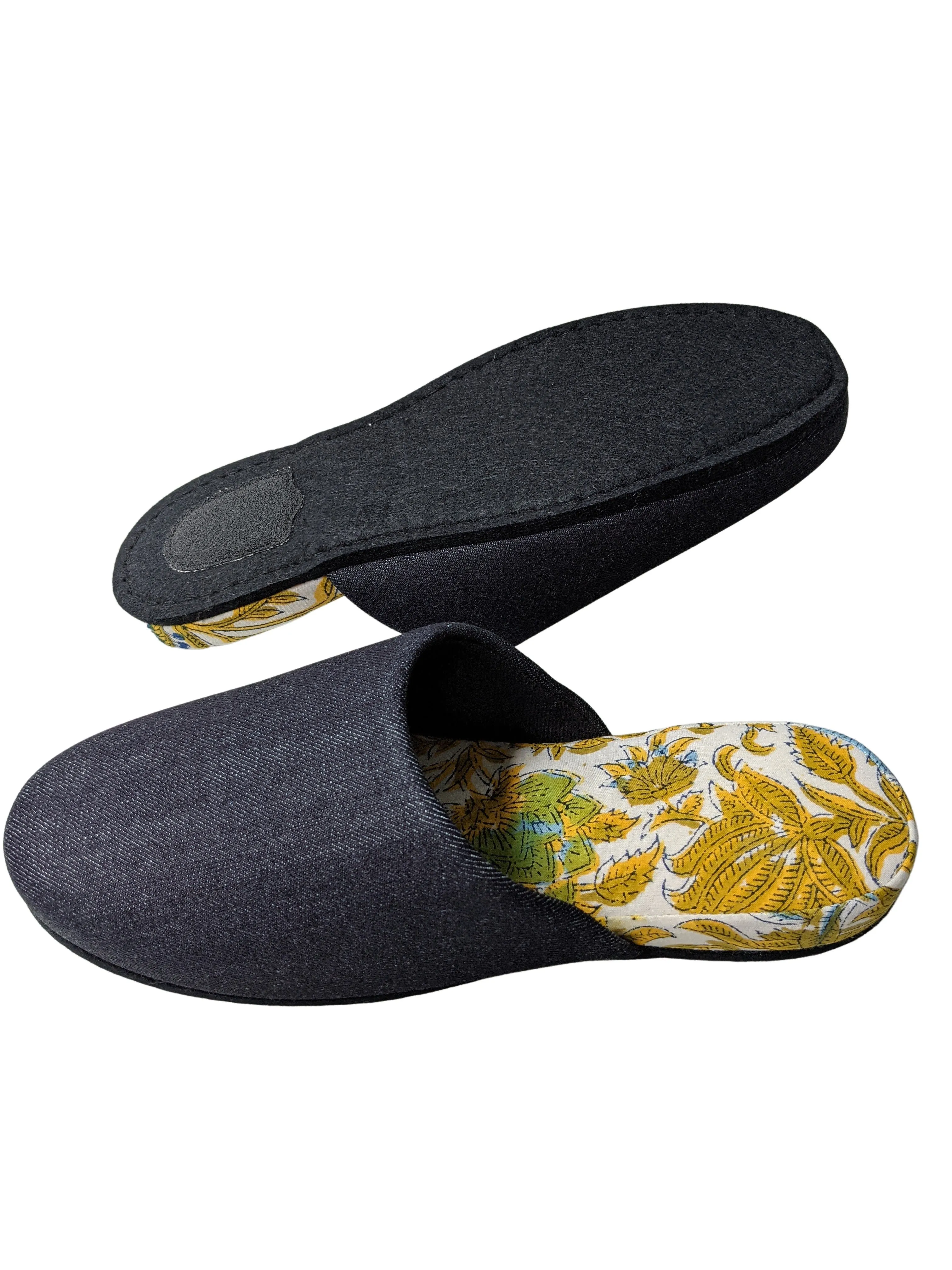 [SALE] Large| Denim and Flowers Mix Slippers [Black wool felt sole]