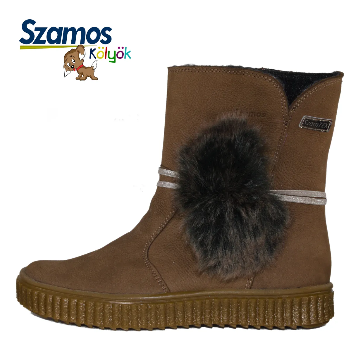 Szamos kid girl winter boots brown with pom pom and side zipper big kid size