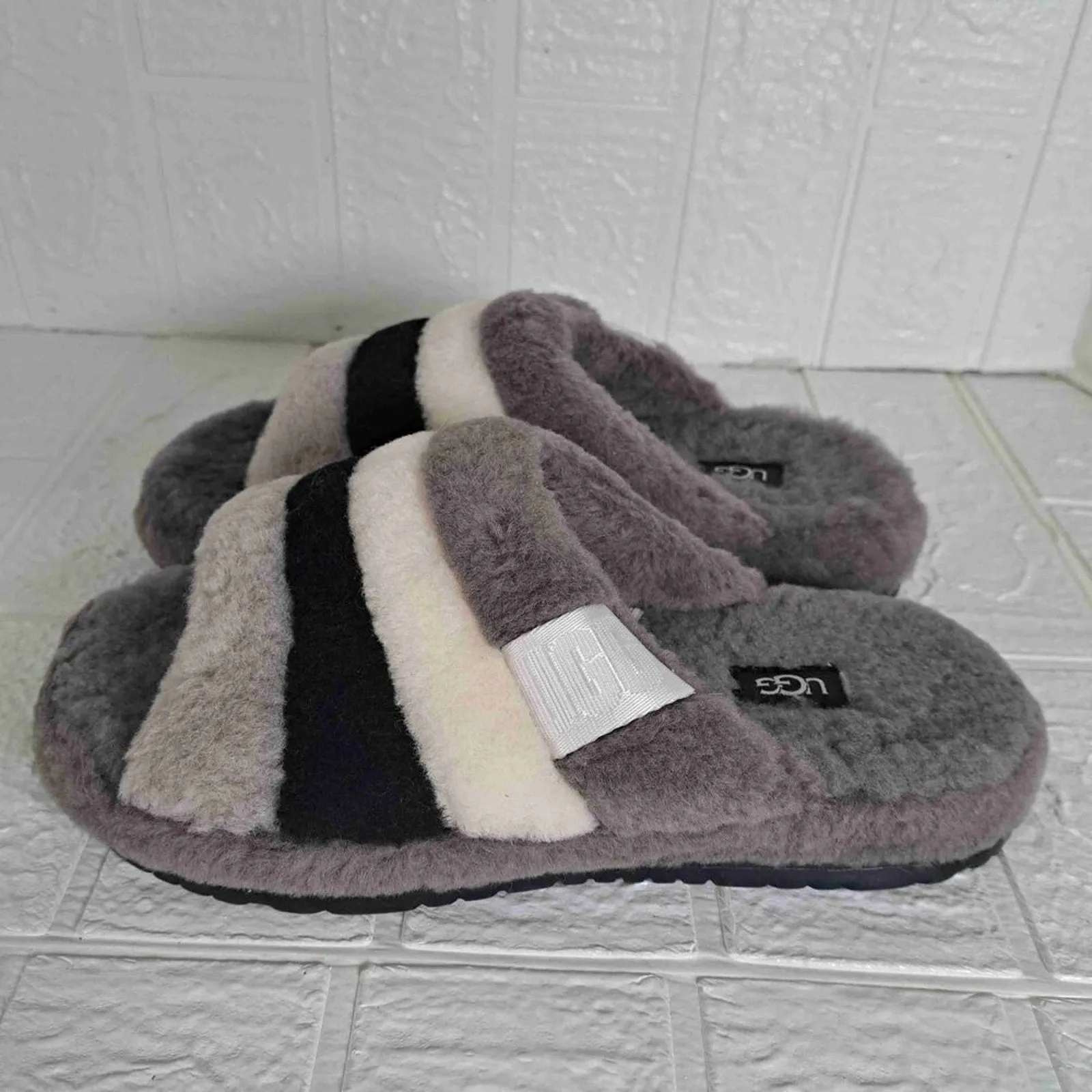 UGG Fluff You Slide Striped Open-Toe Lamb Fur Slippers