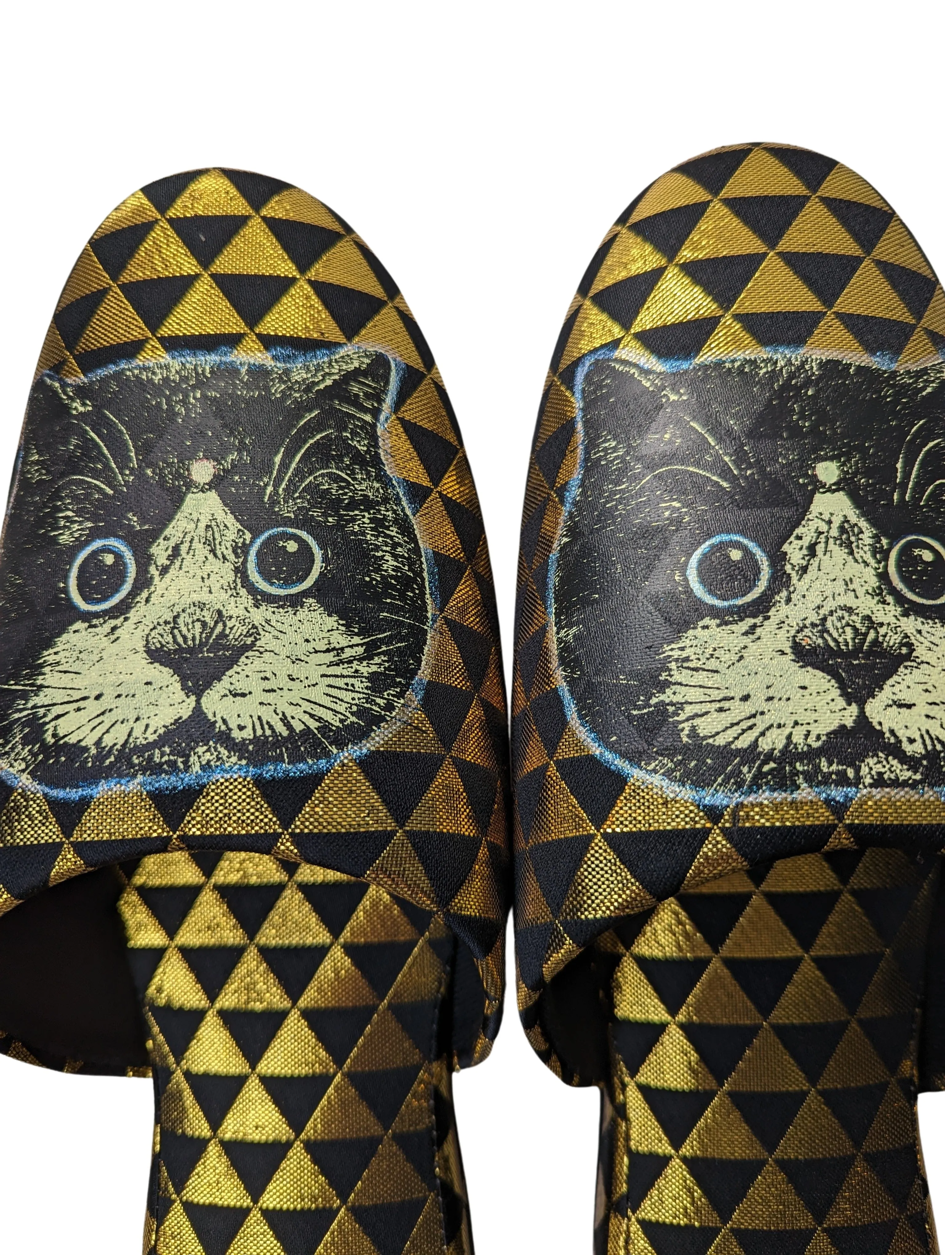 XL Black Gold Satoshi Onodera / FujiTama-Chang Cat mix slippers  #2023SS-04 / Silkscreen Printed Mix Slippers [Black wool felt sole] XL