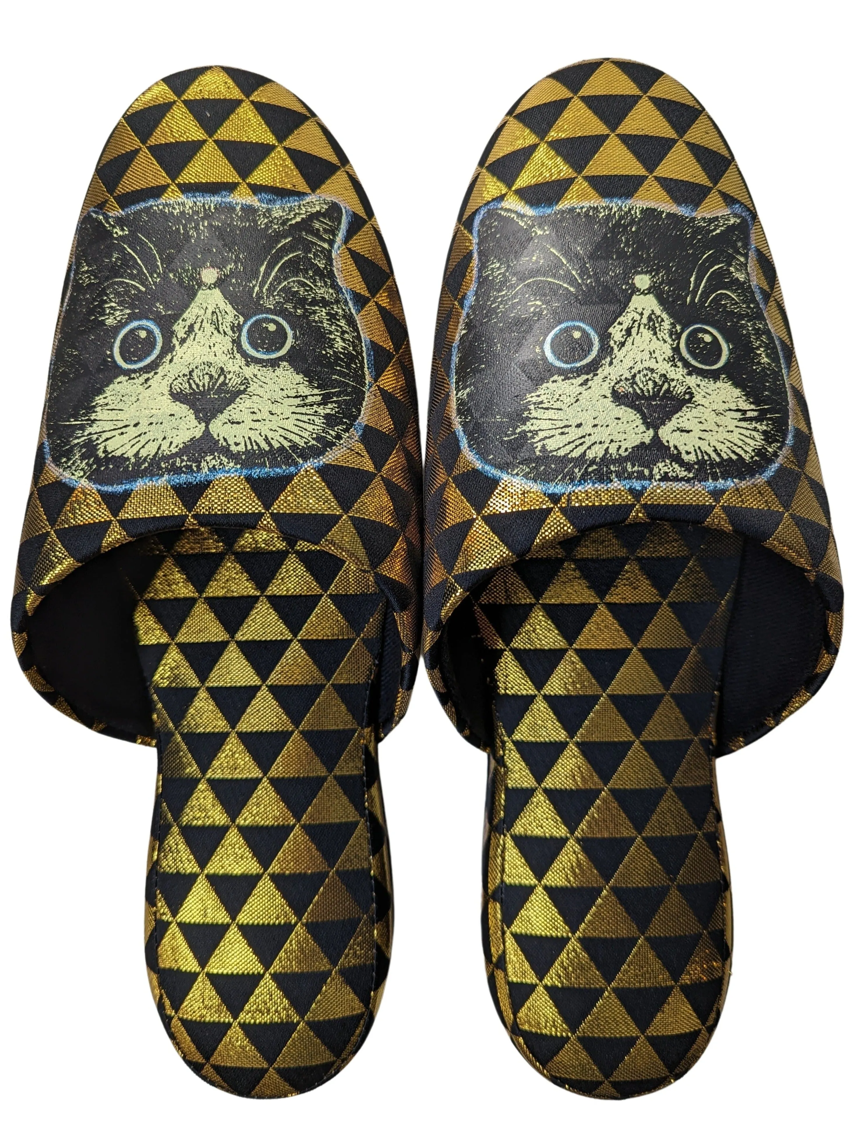 XL Black Gold Satoshi Onodera / FujiTama-Chang Cat mix slippers  #2023SS-04 / Silkscreen Printed Mix Slippers [Black wool felt sole] XL