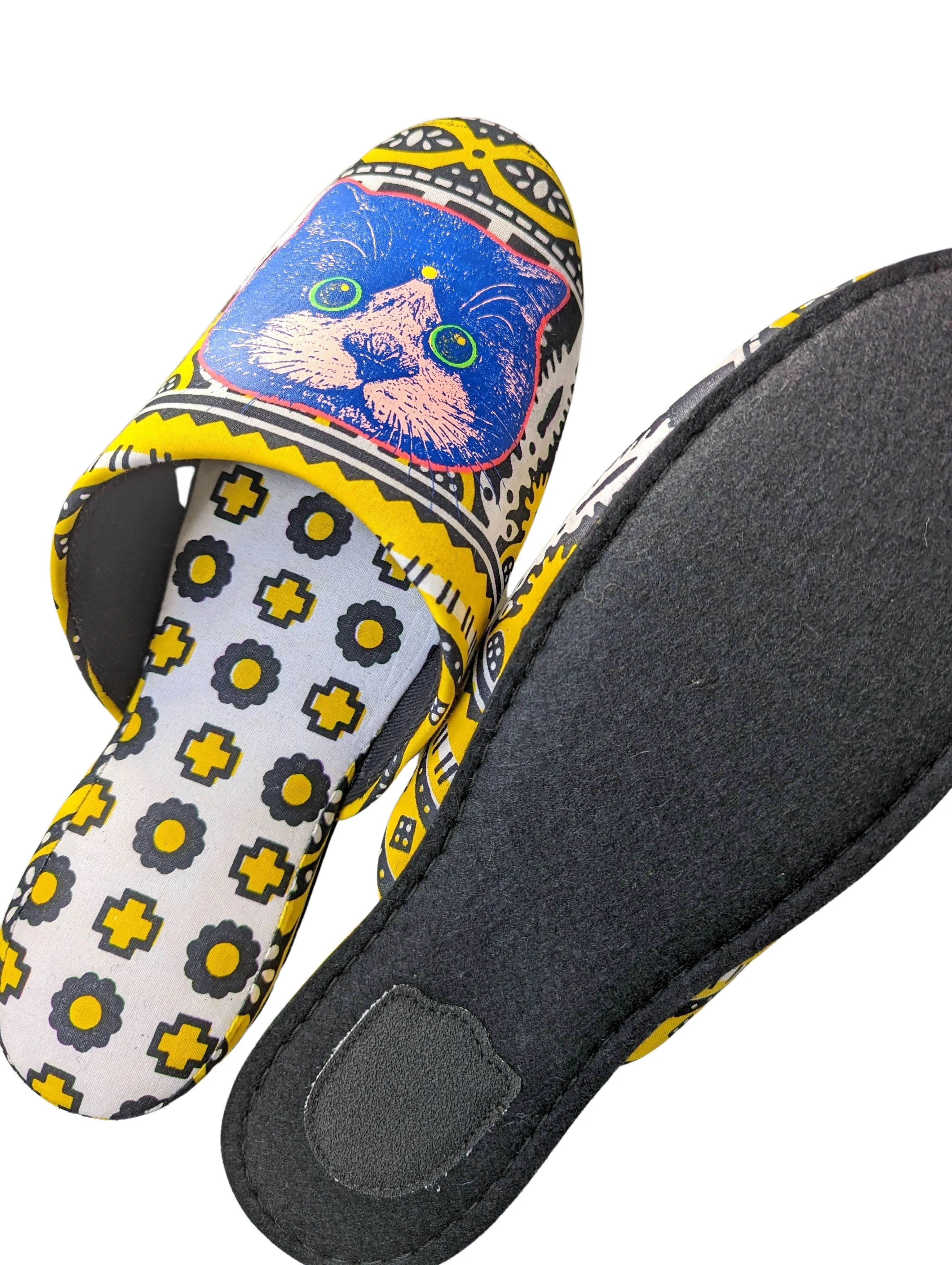 XL Satoshi Onodera / FujiTama-Chang Cat mix slippers  #2023SS-03 / Silkscreen Printed Mix Slippers [Black wool felt sole] XL