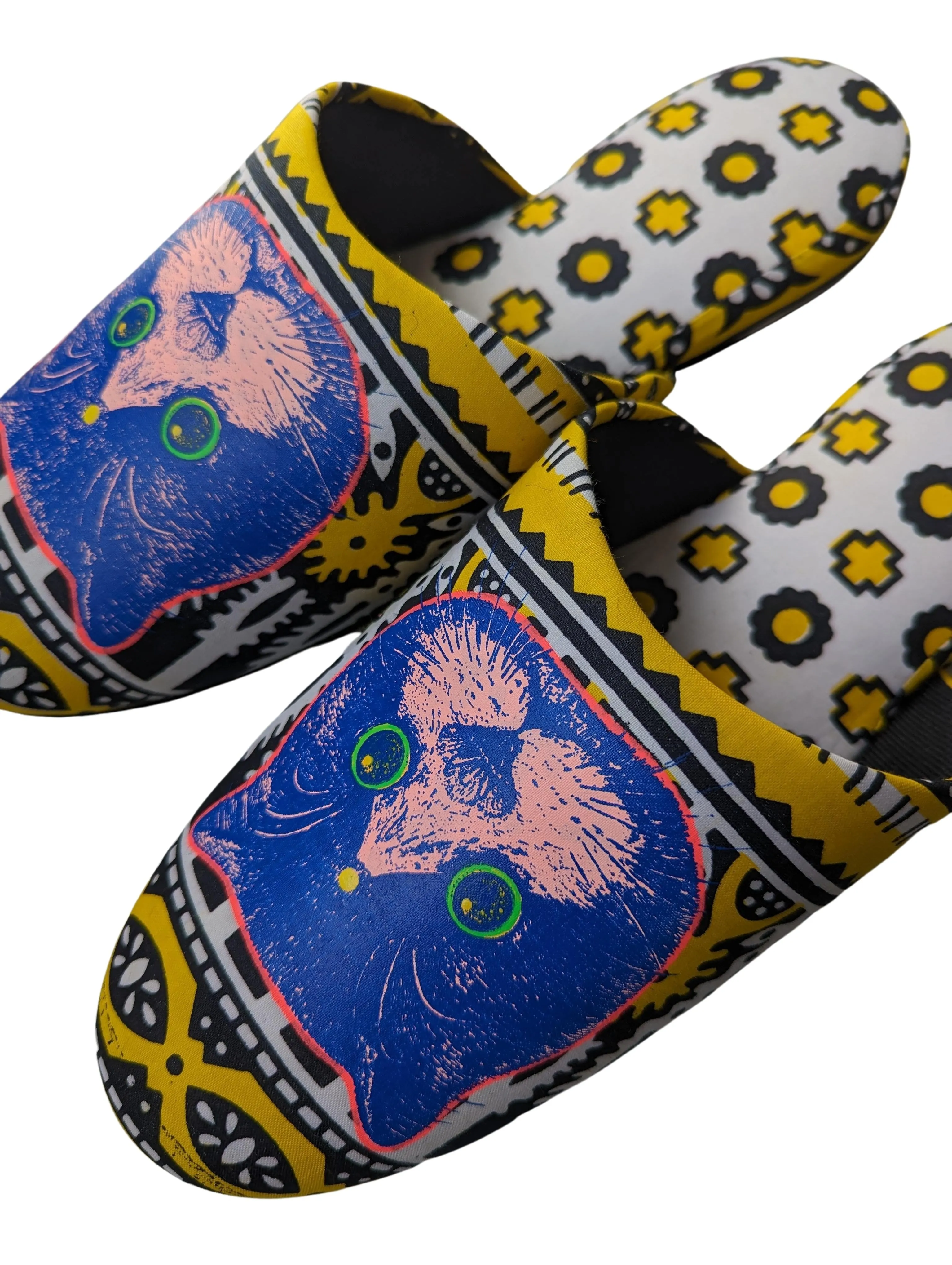 XL Satoshi Onodera / FujiTama-Chang Cat mix slippers  #2023SS-03 / Silkscreen Printed Mix Slippers [Black wool felt sole] XL